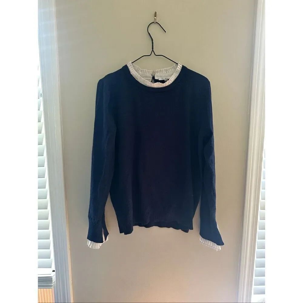 Vila Milano Ruffle Neck Blouse Women's XL Navy White